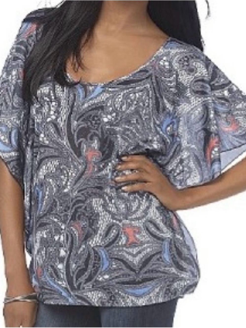 Women's Paisley V-Neck Flutter Sleeve Top - Gray/Blue Wing Sleeve